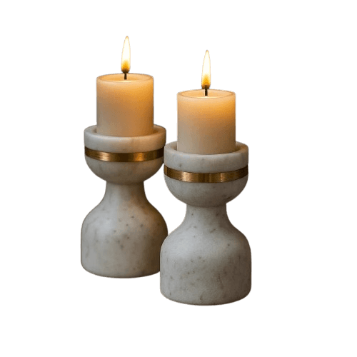 BRASS & WHITE MARBLE TAPER CANDLE HOLDER SET OF 2
